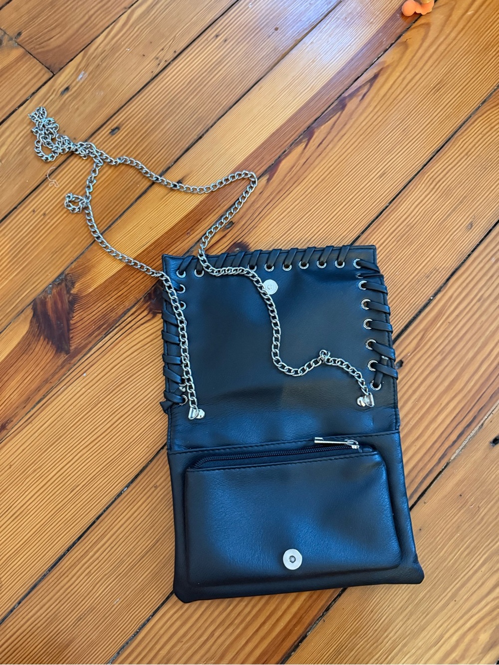 Faux Leather Black Chain-Trim Crossbody Bag